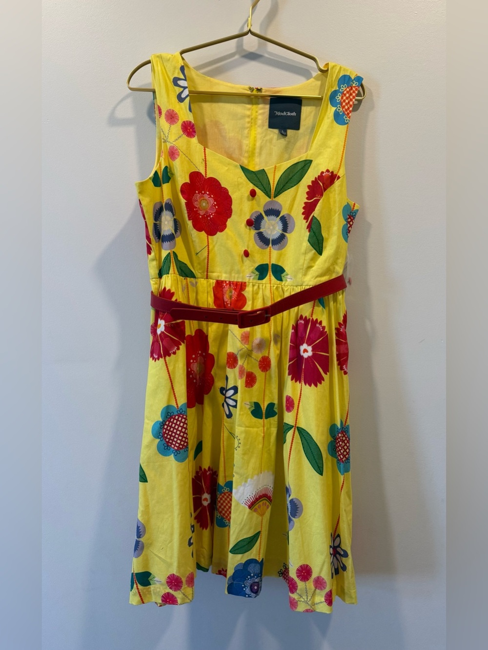 ModCloth Yellow Floral Fit-and-Flare Dress with Red Belt